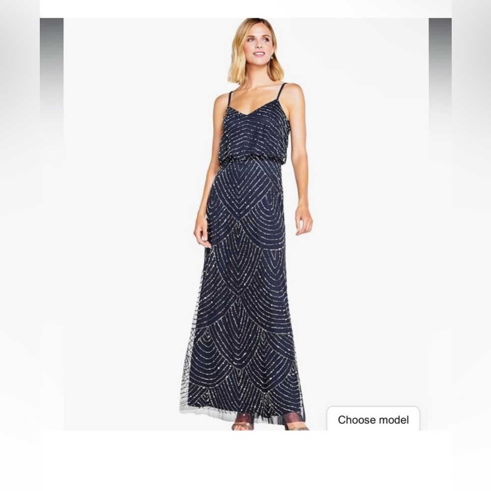 Adrianna Papell Women's Long Beaded Blouson Gown size US6 Navy Blue